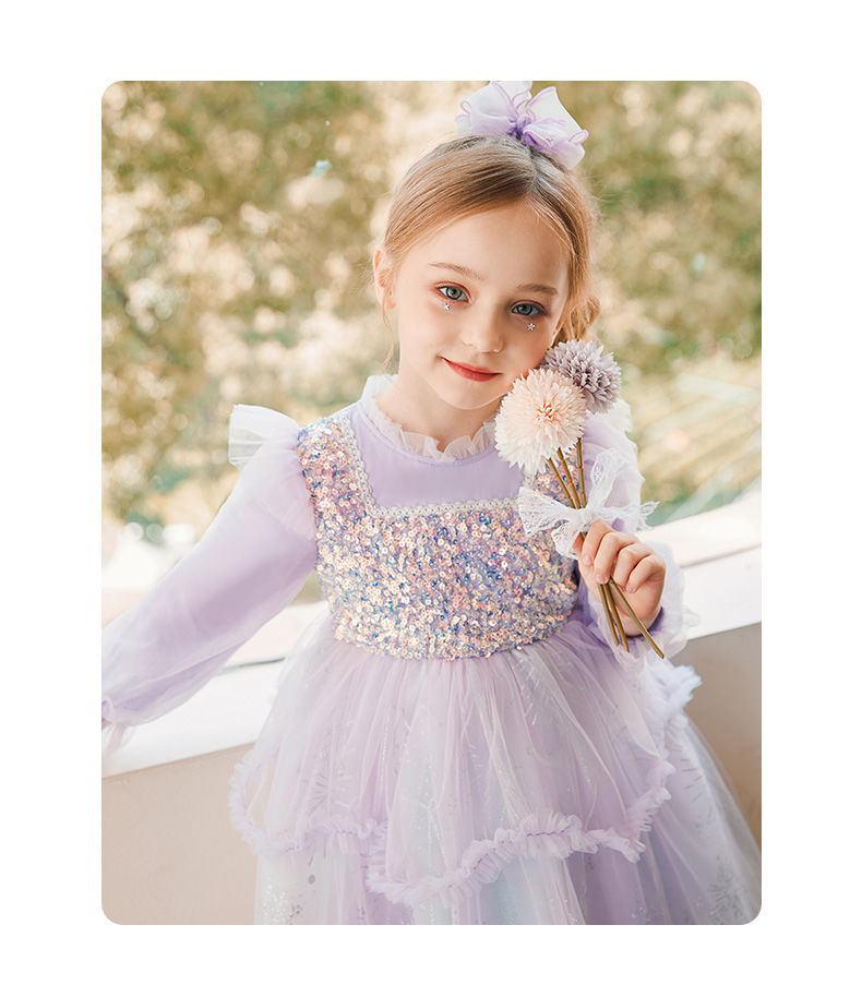 Purple Sophia Princess Dress Long Sleeve Lace Dress for Toddler Girls Dress with Sequins Party Ball Gown Wholesale