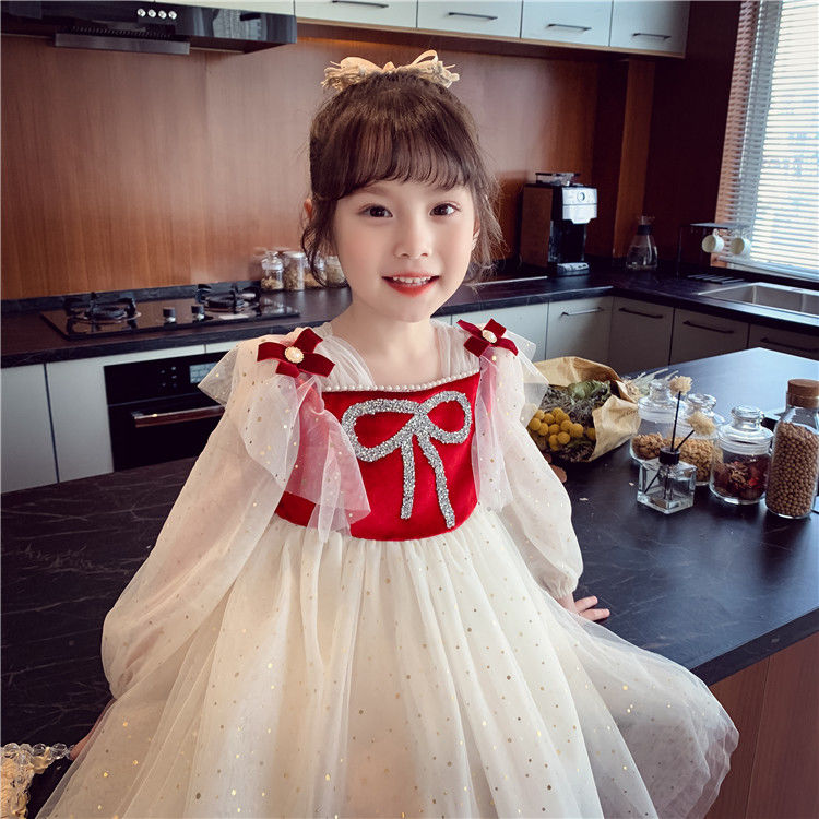 Girls A-Line Long Sleeve Red Lace Kids Dress Toddler Kids Onepiece Dresses Mesh Elegant Dresses for Party Wholesale