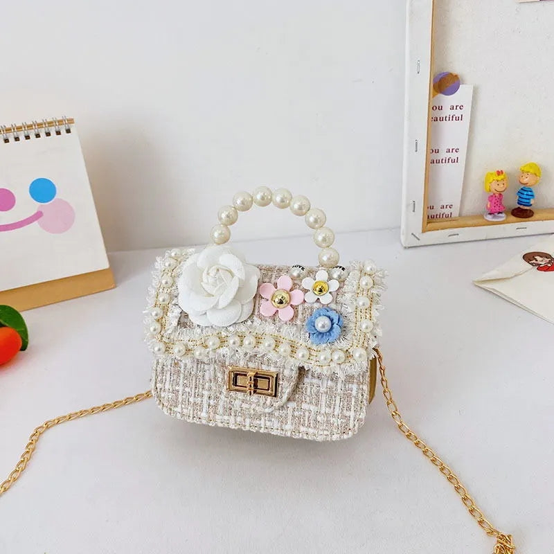 Free Shipping Little Girls Pearl Handbag With Flower Mini Crossbody Bag